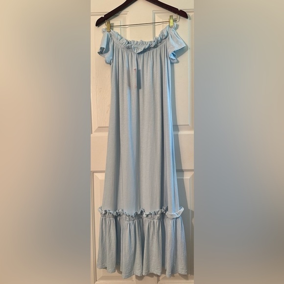 SUNDRY Off Shoulder Cotton Stretch Maxi Sky Blue 2 Medium Tiered Ruffle MADE USA - Picture 8 of 15